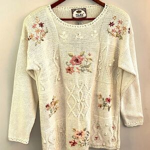 Deadstock NWT Vintage Knit Pullover Cream Sweater SZ M Embroidered Pearls 90's